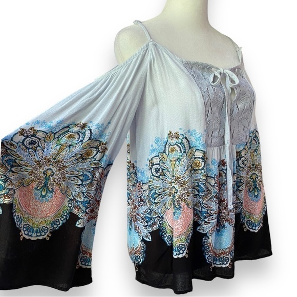 Socialite Boho Paisley Print Bell Sleeve Off Shoulder Flowy Tunic Top | Size M - Picture 7 of 13